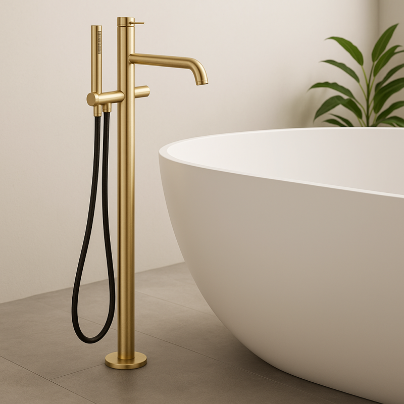 Waterevolution Flow vrijstaande badkraan met handdouche Light Gold T133WGE