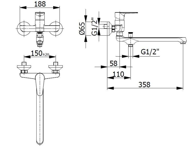Blusani speciale Wandkraan Muurkraan Chroom met lange uitloop 35cm en handdouche 1208952919