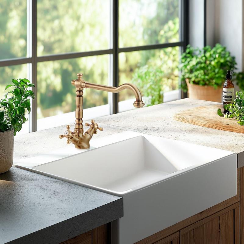 Nostalgische keukenkraan V1910 Messing Natuur kraan verkleurd verouderd 1208953525