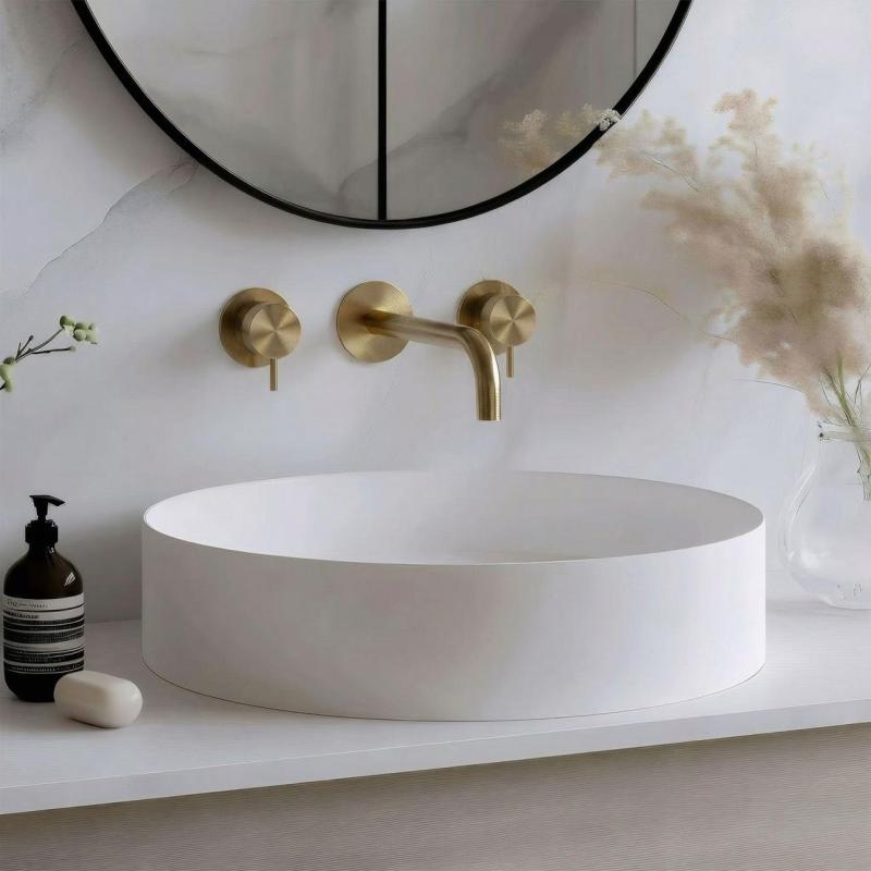 Waterevolution Flow 3-gats Inbouw Wastafelkraan Geborsteld Messing met uitloop 15 cm T1163FLE-15