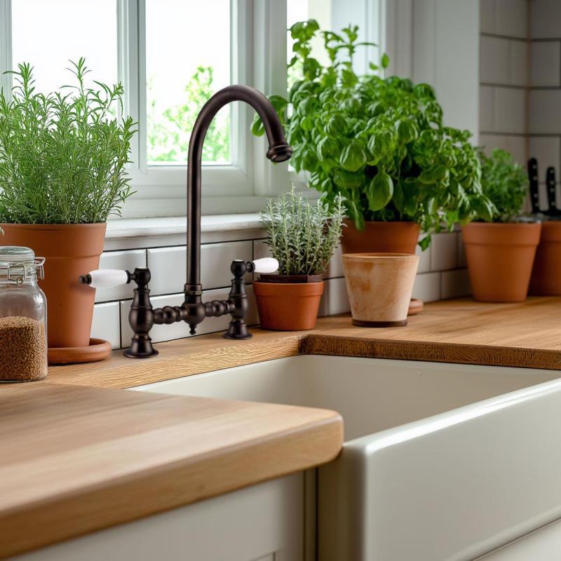 PB Nostalgische Brugkeukenkraan donker koper ronde uitloop met witte hendels 1208954666