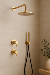 Waterevolution Flow inbouw doucheset met thermostaat regendouche en handdouche geborsteld light gold PVD