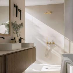 Waterevolution Flow inbouw doucheset met thermostaat regendouche en handdouche geborsteld light gold PVD