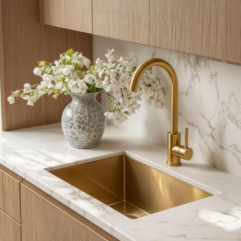 Quadri York keukenmengkraan PVD mat goud met draaibare uitloop 1208955905