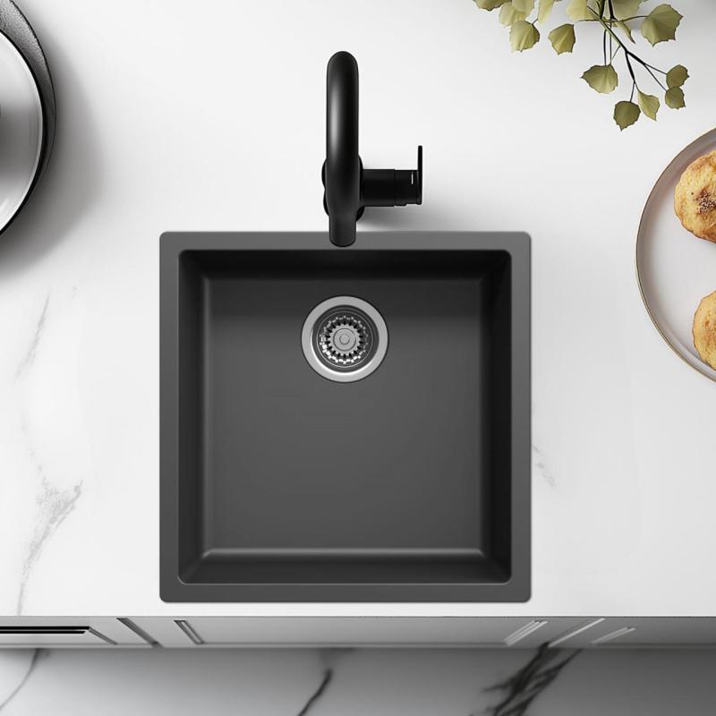 Zwarte spoelbak 40x40cm onderbouw opbouw en vlakbouw met rvs plug 1208956390