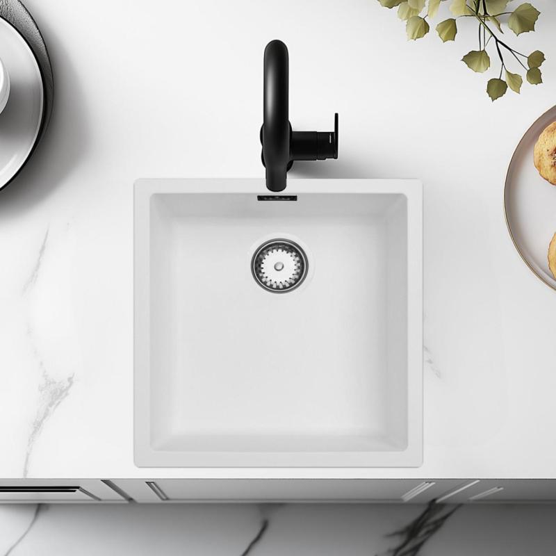 Witte Spoelbak 40x40 cm Onderbouw, Opbouw en Vlakinbouw  met RVS plug 1208956392