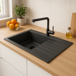 Ausmann Fibre grote zwarte kunststof spoelbak omkeerbaar met afdruip opbouw 86x50 cm met zwarte plug 1208956781