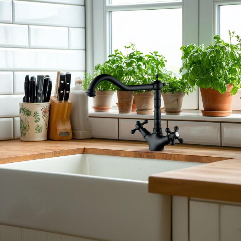 AquaTrimo Windsor klassieke keuken nostalgische keukenkraan met haakse uitloop mat zwart 21WS7531SW