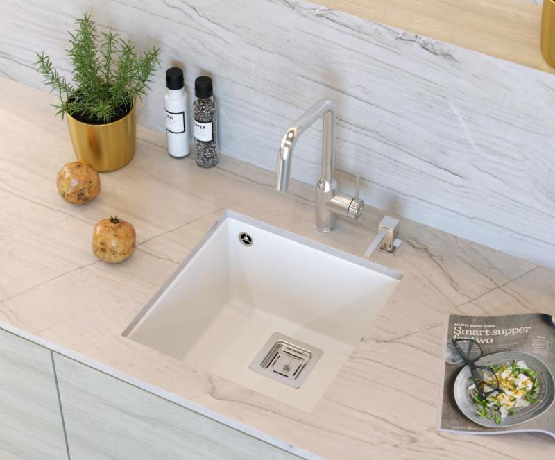 Quadri Quadrangle wit graniet onderbouw spoelbak 42x42cm met rvs plug 1208957886