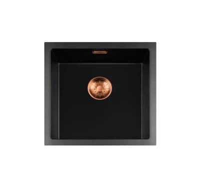 Lorreine BQ serie spoelbak 45x45cm opbouw zwart met koper plug 40BQ-T-COPPER