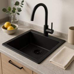 GraniteMy Universal granieten zwarte spoelbak 34x40 cm zwart opbouw onderbouw en vlakinbouw met zwart plug 1208967143