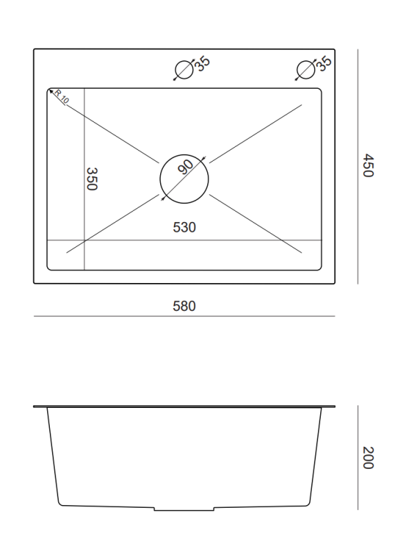 Quadri Dixton 60 zwarte PVD Nano RVS spoelbak 580x450 mm met kraangat en accessoire 1208967195
