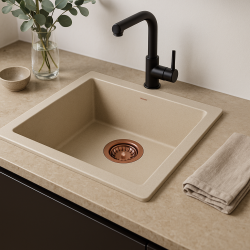 GraniteMy Universal granieten beige zand spoelbak 40x40 cm opbouw, onderbouw en vlakinbouw met koperen plug 1208967210