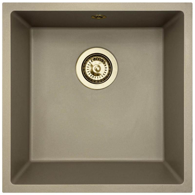 GraniteMy Universal granieten taupe spoelbak 40x40 cm opbouw, onderbouw en vlakinbouw met gouden plug 1208967215