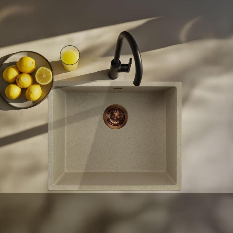 GraniteMy Universal granieten beige zand spoelbak 50x40 cm opbouw, onderbouw en vlakinbouw met koperen plug 1208967221