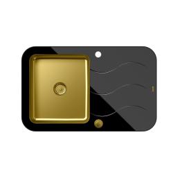 Quadri Glazz opbouw gouden spoelbak met zwarte glazen afdruipgedeelte 78x50cm omkeerbaar 1208967409
