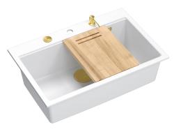 Quadri Hard Rock wit granieten opbouw grote spoelbak 76x50cm inclusief gouden plug en accessoires 1208967424