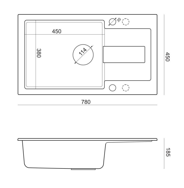 Quadri Sutton XL antraciet granieten opbouw spoelbak 78x45cm  met afdruipvlak omkeerbaar met zwart plug 1208967494