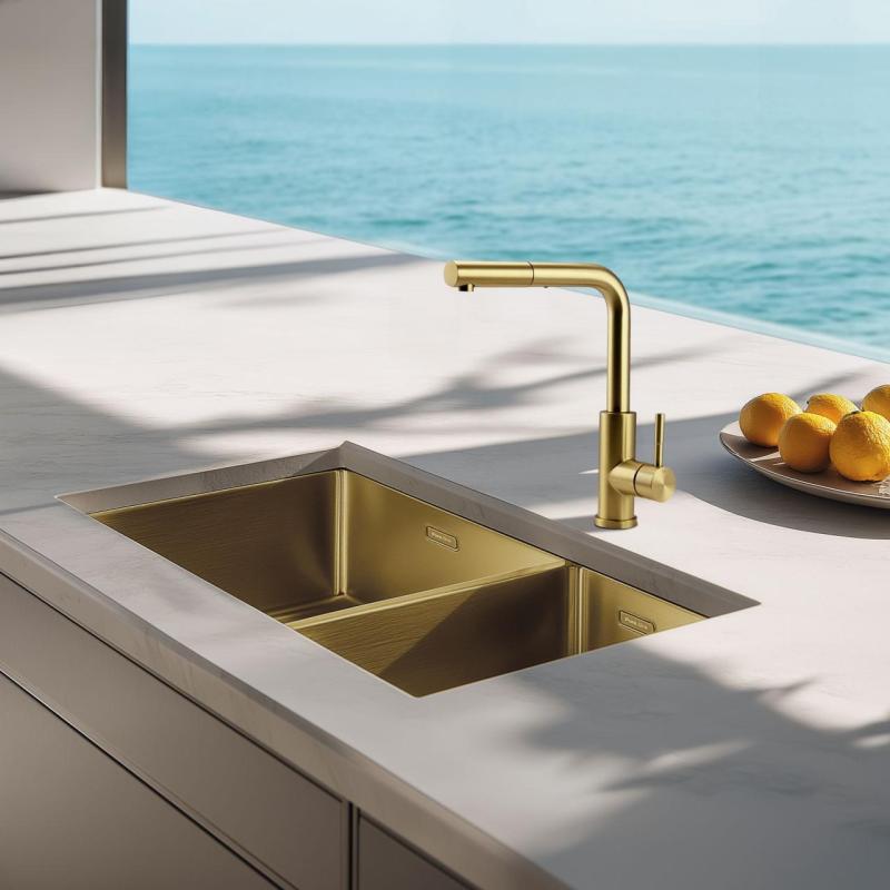 Pure.Sink Elite Steel Spark-S keukenkraan PVD geborsteld goud met uittrekbare uitloop PS8041-60