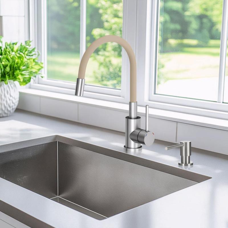 Quadri Bristol Keukenmengkraan RVS met Flexibele Beige Uitloop 1208967664