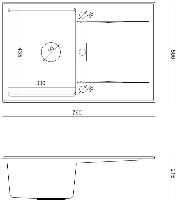 Quadri Minton Granieten Opbouw Antraciet Spoelbak 76x50cm met Afdruip Omkeerbaar en Koperen Plug - 1208967746