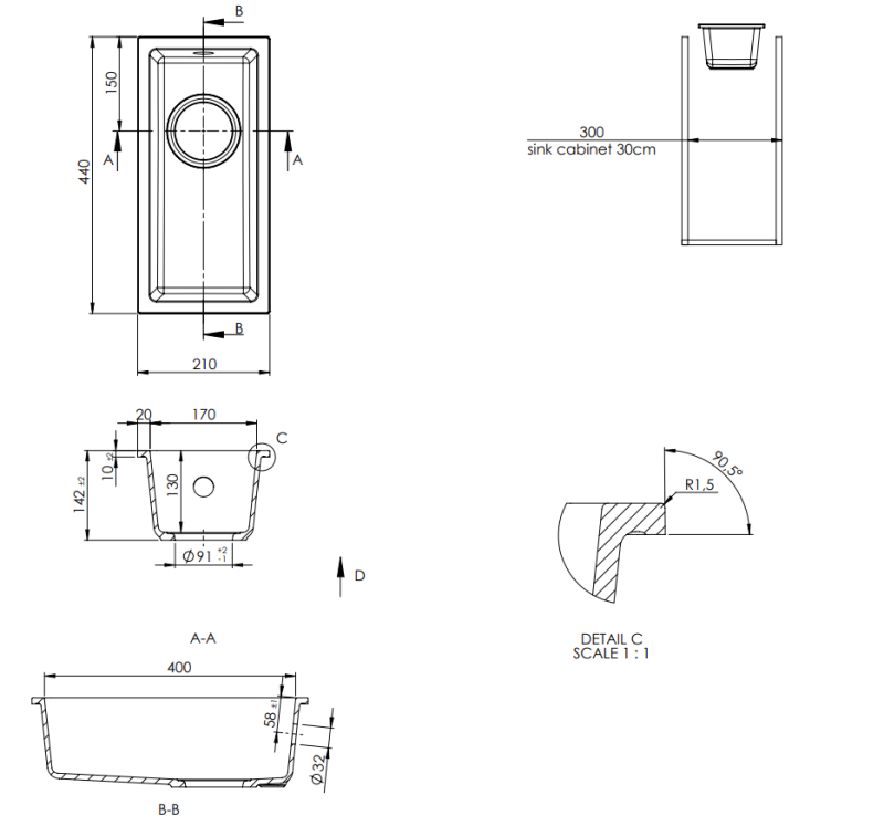 GraniteMy Universal granieten beige zand kleine spoelbak 17x40 cm opbouw onderbouw en vlakinbouw met gun metal plug 1208968006
