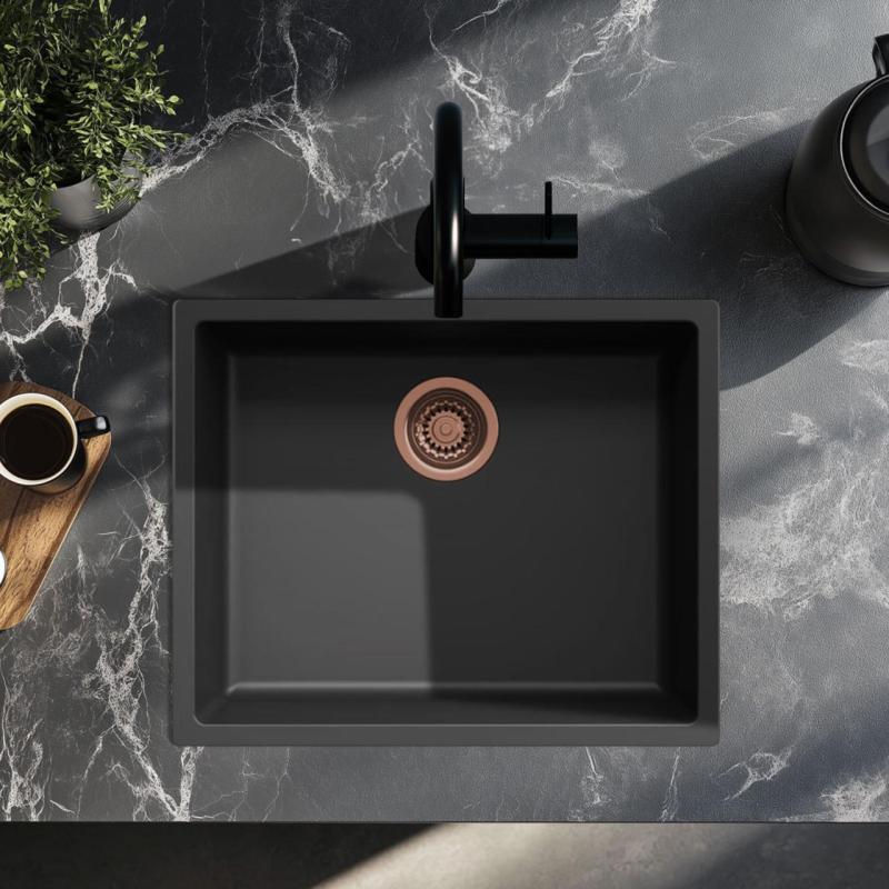 Zwarte spoelbak 50x40cm onderbouw opbouw en vlakbouw met koperen plug 1208968036