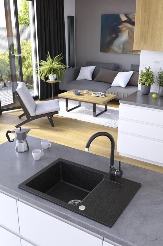 Aquadesign Kensley Set - Granieten Opbouw Spoelbak Grijs met kleine Afdruipgedeelte en Keukenkraan, 65 x 44 cm 1208970086
