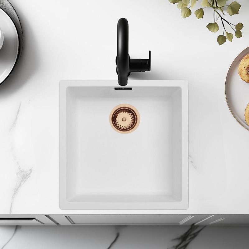 Witte Spoelbak 40x40 cm Onderbouw, Opbouw en Vlakinbouw met Koperen Plug 1208970538