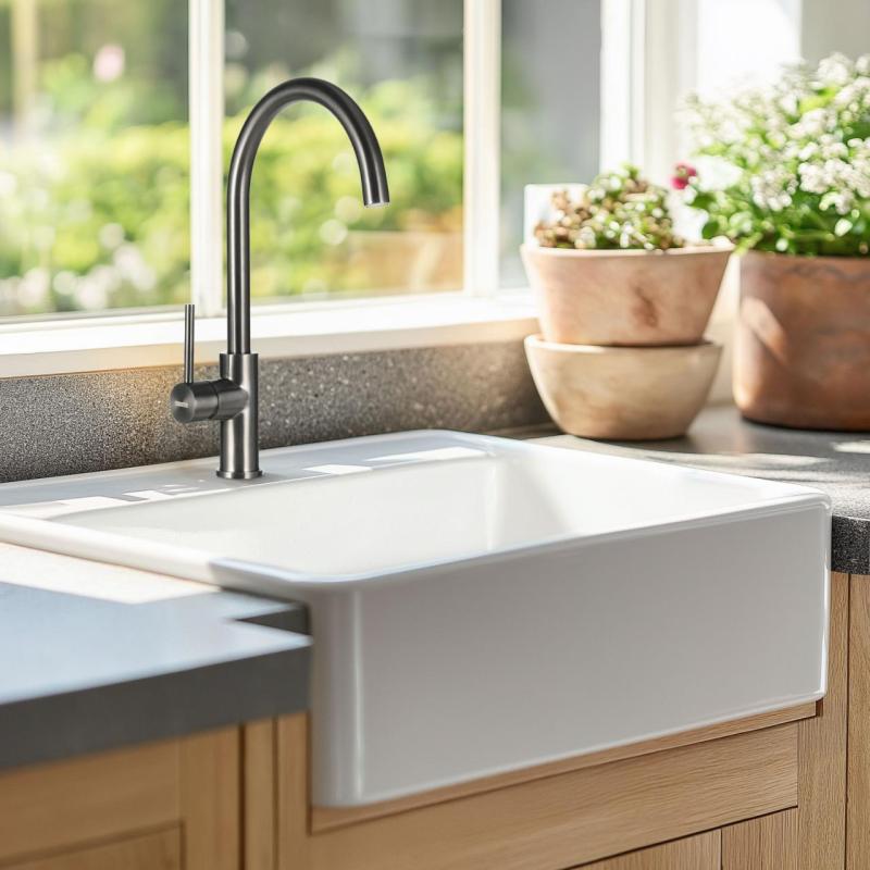 Ausmann Ceramic Panor Shade Keramische Witte Butler Spoelbak - Onderbouw en Tussenbouw 630 x 597 mm met kraangatbank en Mat Zwart plug 1208970554