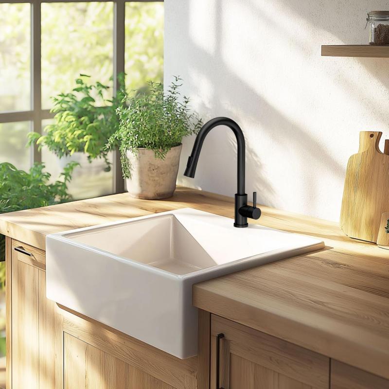 Ausmann Ceramic Panor Shade Keramische Witte Butler Spoelbak - Onderbouw en Tussenbouw 630 x 597 mm met kraangatbank en RVS plug 1208970560