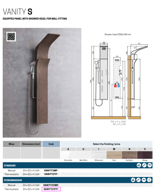 OUTLET Novellini Novellini Vanity S Equipped Shower Panel VANITY2VTF-M Grain hydromassage