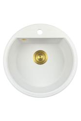 GraniteMy Bremen ronde granieten spoelbak 43 cm wit opbouw en onderbouw met kraangatbank met goud plug 1208971219