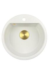 GraniteMy Bremen ronde granieten spoelbak 43 cm wit opbouw en onderbouw met kraangatbank met goud plug 1208971219