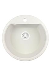 GraniteMy Bremen ronde granieten spoelbak 43 cm wit opbouw en onderbouw met kraangatbank met wit plug 1208971221