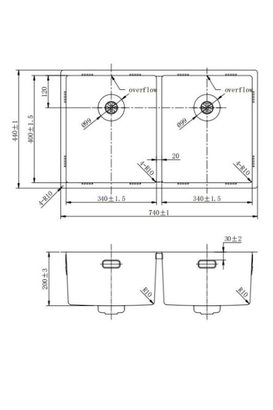 Pure.Sink Prestige Dubbele RVS spoelbak 70x40 cm 10mm radius onderbouw, vlakbouw en opbouw PPG343440-02