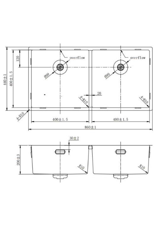 Pure.Sink Prestige Dubbele Gun metal spoelbak 82x40 cm 10mm radius onderbouw, vlakbouw en opbouw PPG404040-61