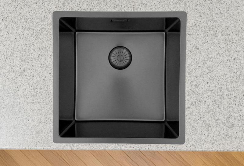 OUTLET Bekrast Pure.Sink Prestige spoelbak 40x40cm PVD Gun Metal 10mm radius onderbouw, vlakbouw, opbouw PPG4040-61