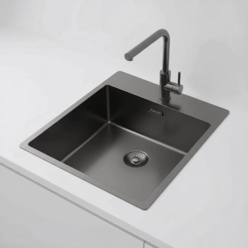 Pure.Sink Exclusivo Gun Metal spoelbak 44x52 cm Tapwing met kraangatbank 10mm radius PEX4040T-61
