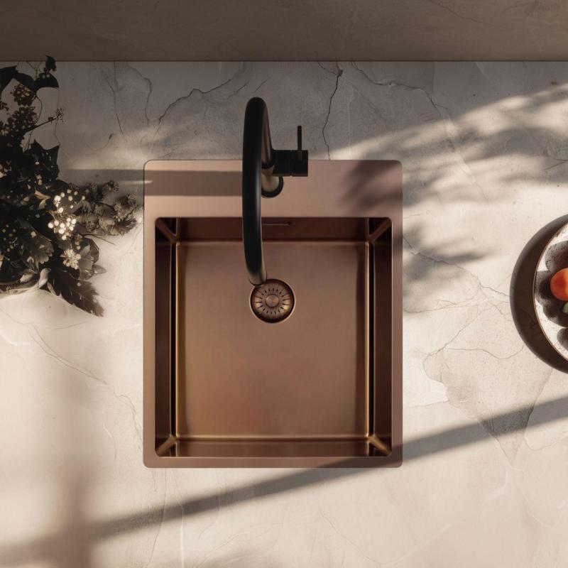Pure.Sink Exclusivo Koperen spoelbak 44x52 cm Tapwing met kraangatbank 10mm radius PEX4040T-62