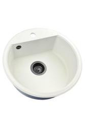 GraniteMy Bremen ronde granieten spoelbak 43 cm wit opbouw en onderbouw met kraangatbank met zwarte plug 1208971312