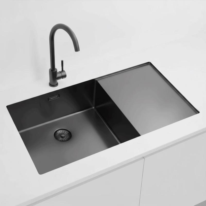 Pure.Sink Exclusivo Gun Metal spoelbak met afdruipgedeelte 86x52 cm Tapwing links PEX5086LT-61