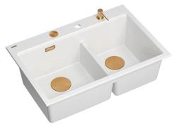 Quadri Hard Rock Dubbele Witte Graniet Opbouw Spoelbak 76 x 50 cm met Koperen plug en accessoires 1208971357