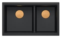 Quadri Newport II Dubbele Zwarte Graniet Opbouw Spoelbak 76x45 cm met Koperen plug 1208971361