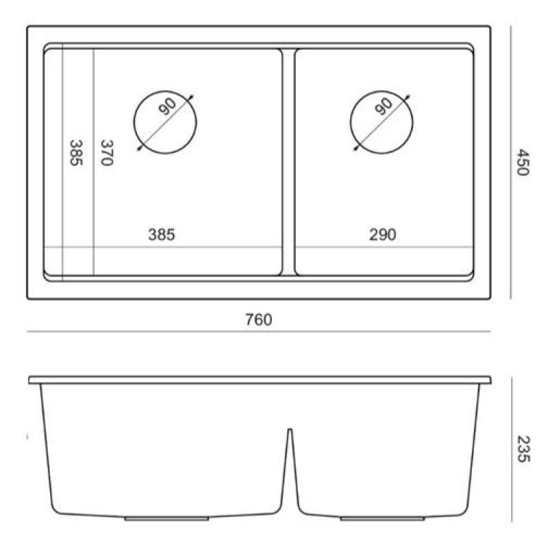 Quadri Newport II Dubbele Taupe Graniet Opbouw Spoelbak 76x45 cm met RVS plug 1208971372