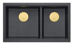 Quadri Newport II Dubbele Antraciet Graniet Onderbouw Spoelbak 702 x 390 mm met Gouden plug 1208971379