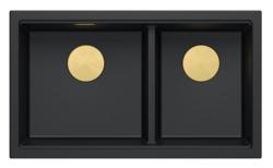 Quadri Newport II Dubbele Zwarte Graniet Onderbouw Spoelbak 702 x 390 mm met Gouden plug 1208971381