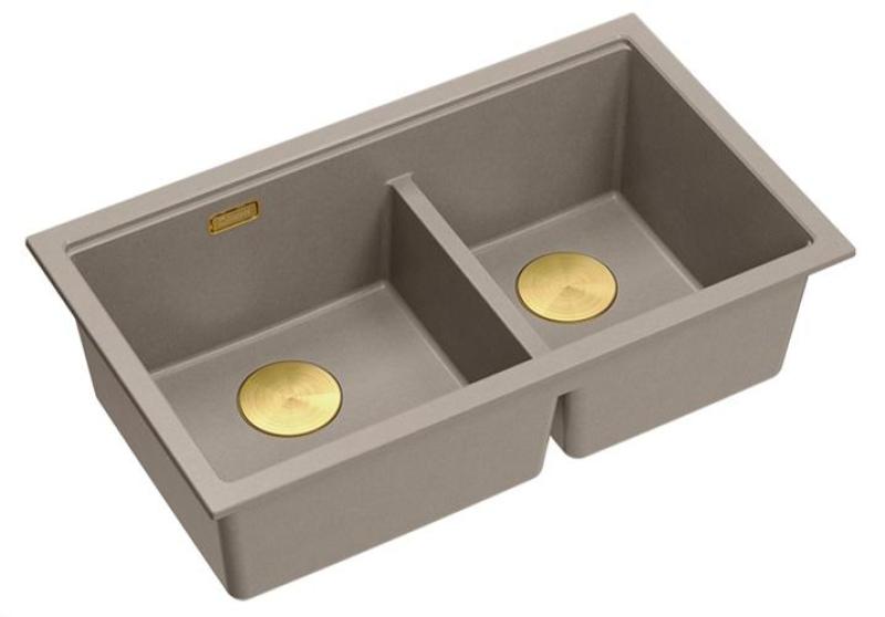 Quadri Newport II Dubbele Taupe Graniet Onderbouw Spoelbak 702 x 390 mm met Gouden plug 1208971382