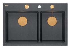 Quadri Hard Rock Dubbele Antraciet Graniet Opbouw Spoelbak 76x50 cm met Koperen plug en accessoires 1208971388