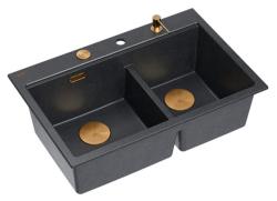 Quadri Hard Rock Dubbele Antraciet Graniet Opbouw Spoelbak 76x50 cm met Koperen plug en accessoires 1208971388